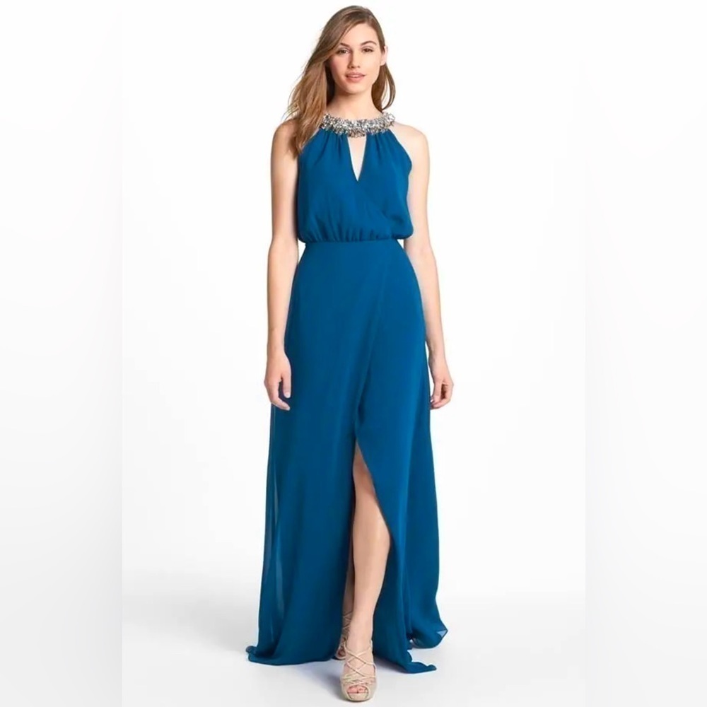 ERIN FETHERSTON  Embellished Faux Wrap Chiffon Gown Blue 6